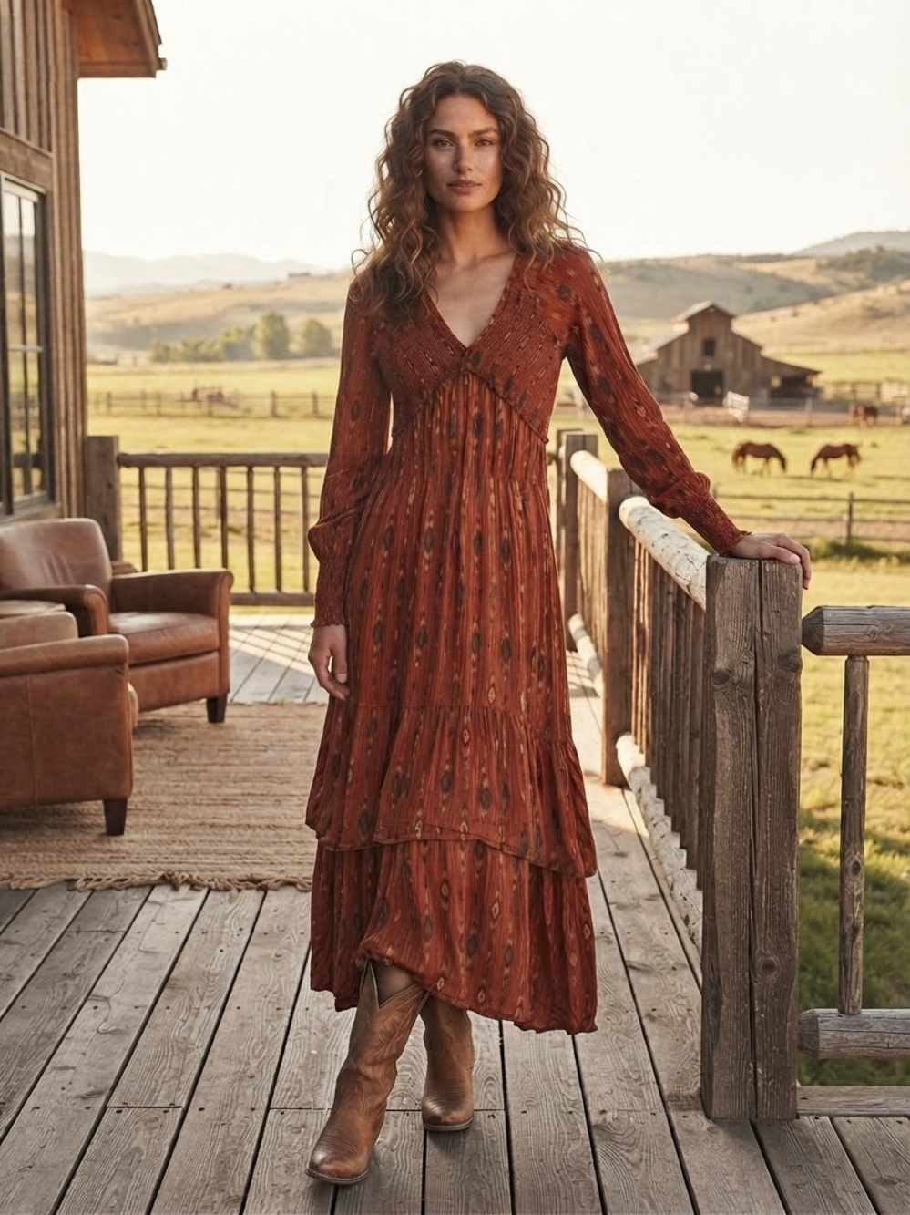 Boho Tiered V-Neck Midi Dress in Rust - Panhandle